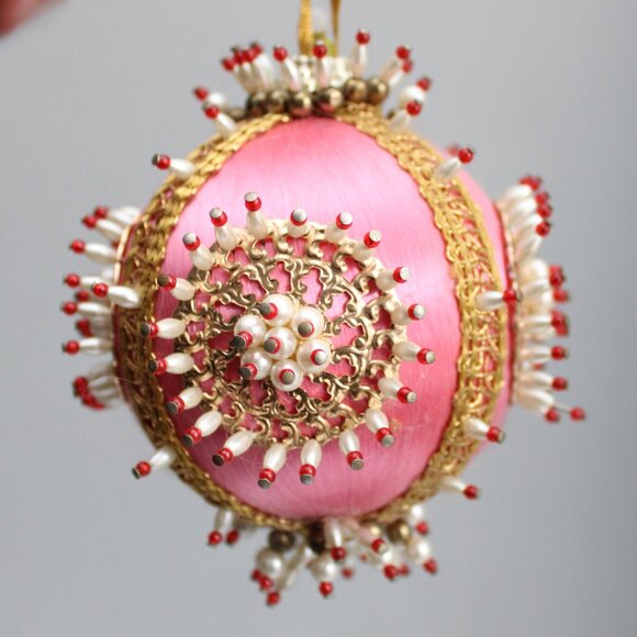 Vintage Other - Vintage Pink Satin Ball Beaded Push Pin Christmas Ornament Sequin Embellished 5”